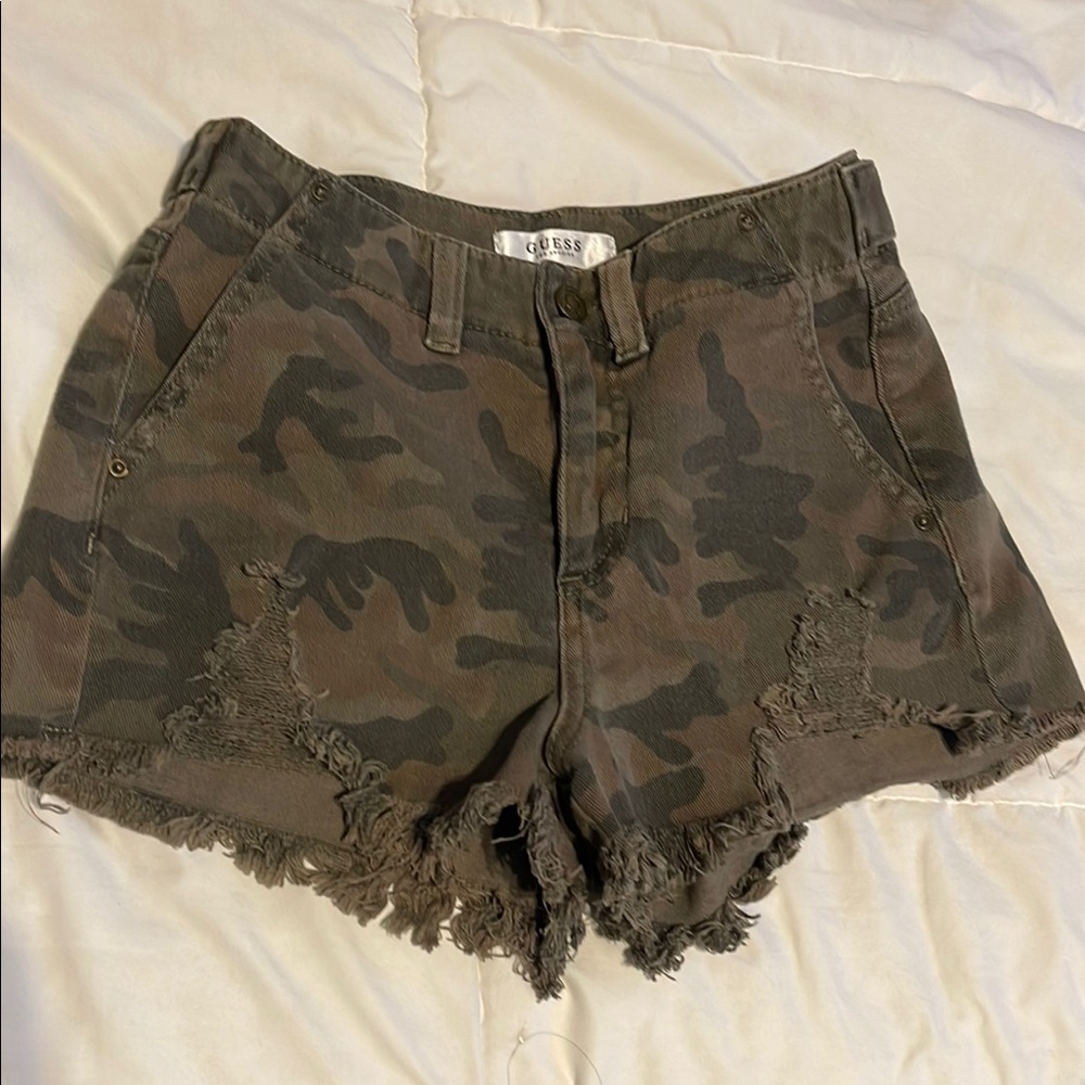 Guess Green and Brown Jean Shorts Distressed Camo